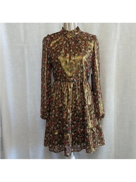 Trixxi Metallic Gold Floral Long-Sleeve Mini Dress - Picture 3 of 11